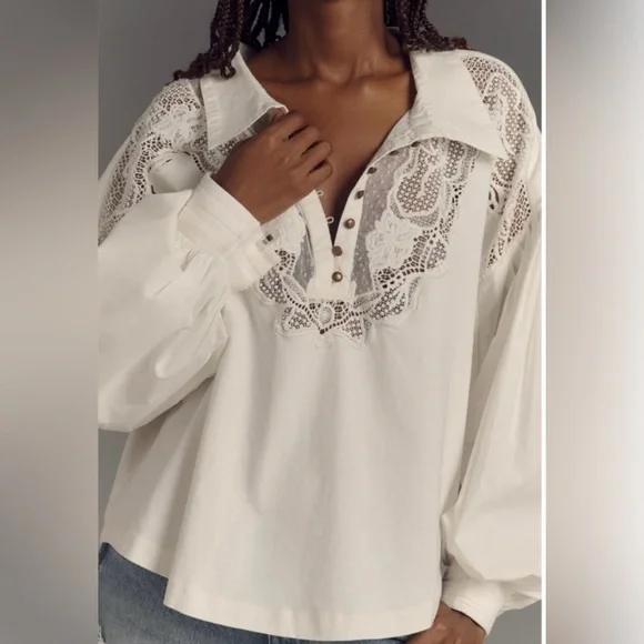 Anthropologie Ivory Maeve Balloon Collared Sleeved Yoke Top - Picture 2 of 10